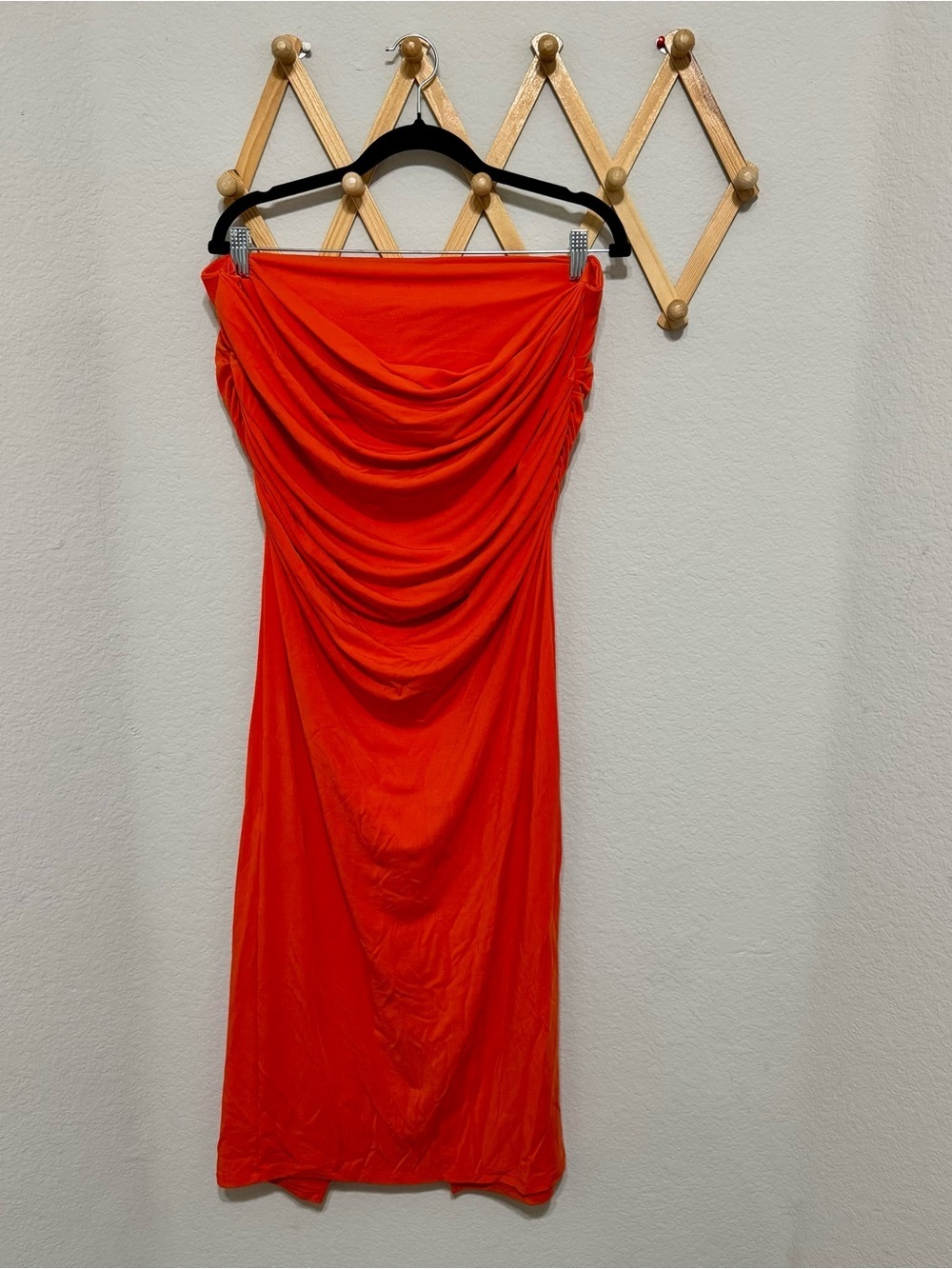 Paris Georgia Draped Strapless Ruched Tencel Blend Orange Midi Dress Size M